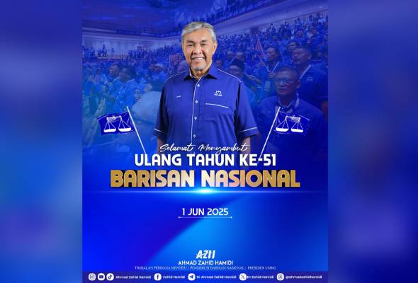 Barisan Nasional (BN) menyambut ulang tahun ke-51 dengan menegaskan komitmennya terhadap prinsip demokrasi, serta misi menyatukan rakyat Malaysia melalui kepelbagaian dan perpaduan di bawah satu visi besar, menurut Ahmad Zahid Hamidi.