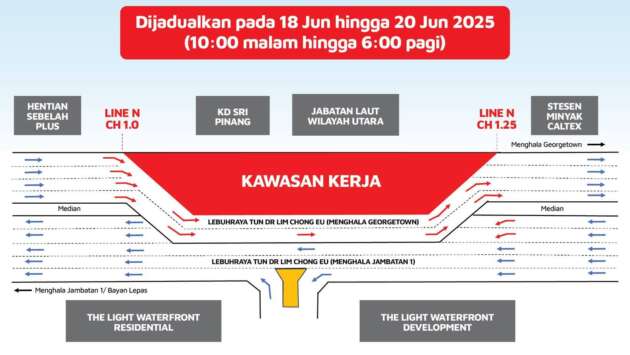 Full lane closure, contraflow on the Tun Dr Lim Chong Eu from Penang Bridge to George Town &ndash; June 18-20