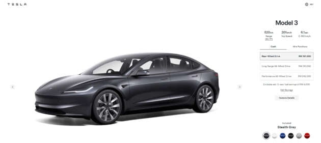 Tesla Model 3 Highland updated in Malaysia &ndash; RWD now with 520 km WLTP, Stealth Grey is standard colour